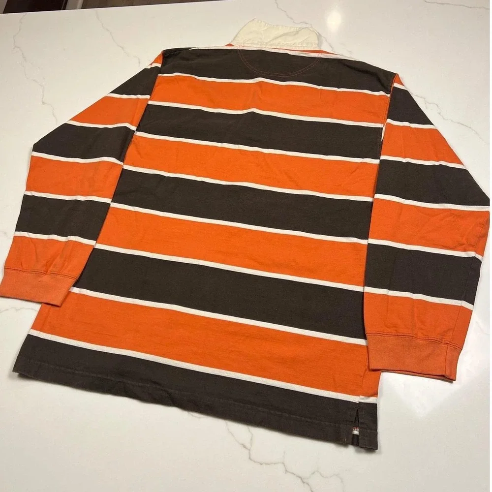 Cactus Rugby Shirt Mens Large Orange Brown Striped Elbow Patch American Fit